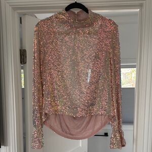 Free People Pink Sequin Mandarin Collar Blouse